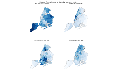 Choropleth of parking tickets issued to state by precinct in NYC