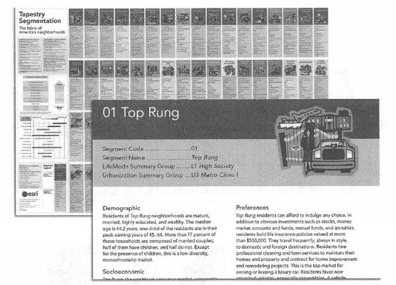 Esri的Tapestry市场细分基于人口统计学和社会经济特征将美国社区划分为65个细分市场, 描述了每个市场的消费能力、消费需求、生活习惯和生活阶段