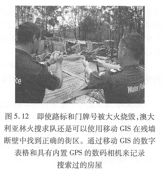 即使路标和门牌号被大火烧毁, 澳大利亚林火搜求队还是可以使用移动GIS在残墙断壁中找到正确的街区。 通过移动GIS的数字 表格和具有内置GPS的数码相机来记录搜索过的房屋