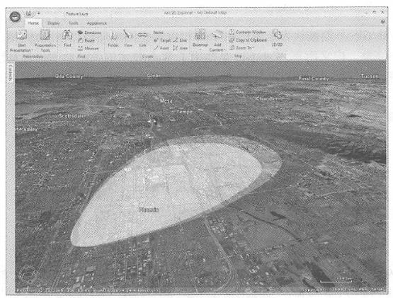 ArcGISExplorer桌面版是一个二维地图和三维虚拟地球浏览器,可以调用ArcGIS Server的多种 Web 服务。本图中,ArcGIS Explorer 调用了 ArcGIS Server的地理分析服务,来显示毒气泄露所可能影响的区域。(致谢:AND Automotive NavigationData 和 Tele Atlas North America, Inc\_ )