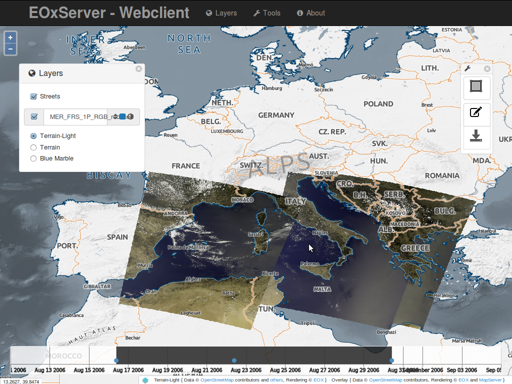 Main view of the EOxServer Web Client