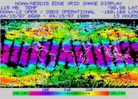 Colored TIROS TOVS global map at 115 millibars, April 15 1997.