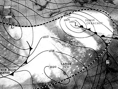 TIROS-1 image of clouds in relation to pressure systems and weather fronts, taken on May 9, 1960.