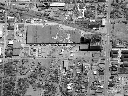 Damaged buildings in the warehouse district of Fort Worth, TX, following a tornado in 2000; imaged by IKONOS.