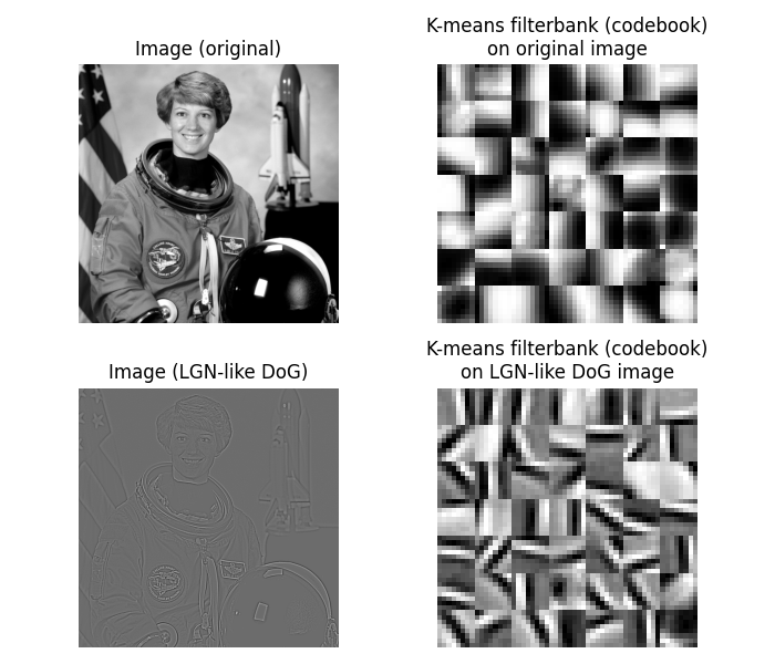 Image (original), K-means filterbank (codebook) on original image, Image (LGN-like DoG), K-means filterbank (codebook) on LGN-like DoG image