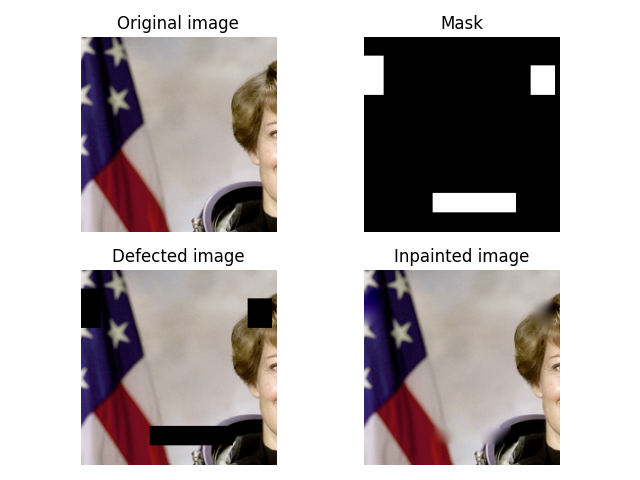 Original image, Mask, Defected image, Inpainted image