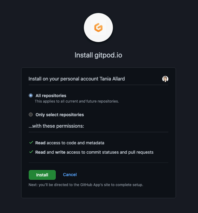 Gitpod存储库访问和安装屏幕截图