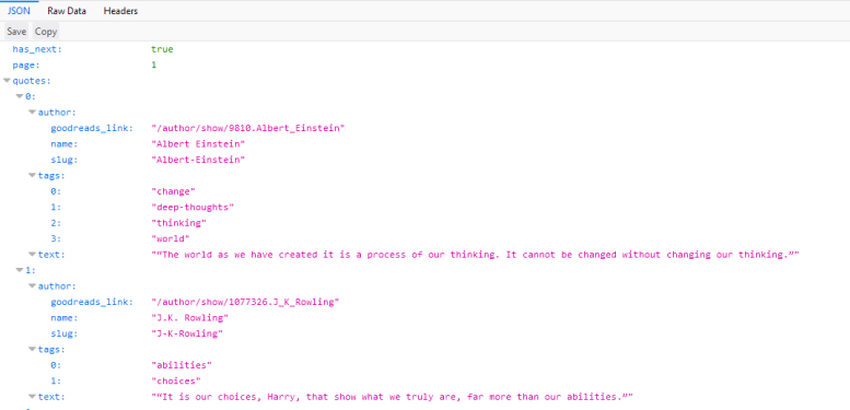 JSON-object returned from the quotes.toscrape API