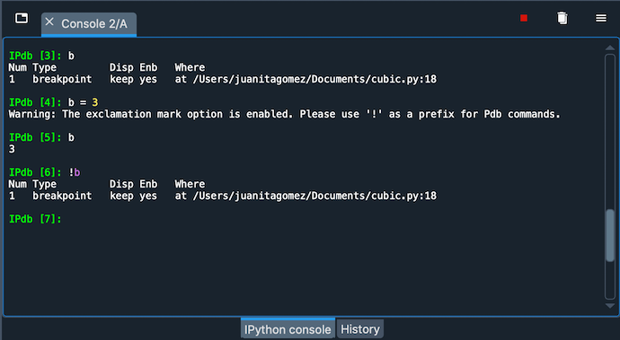 Spyder's IPython console showing Pdb commands