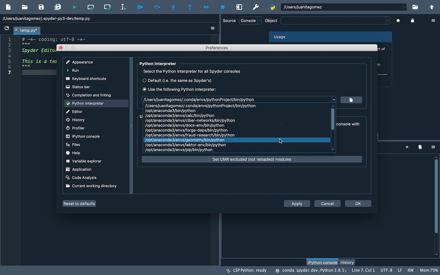 Preferences showing changing Python interpreter