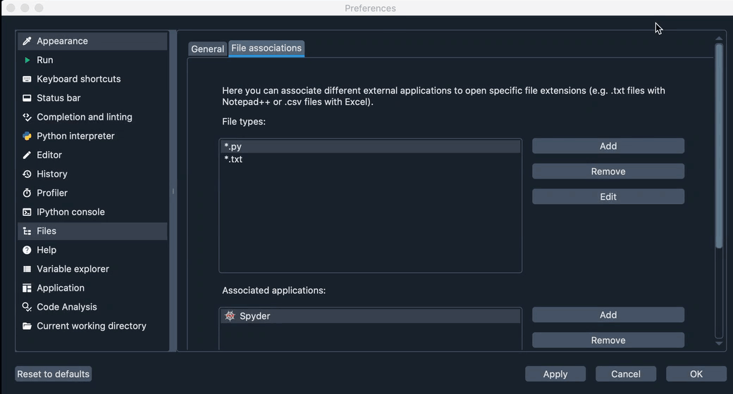 Spyder Files pane showing files associations