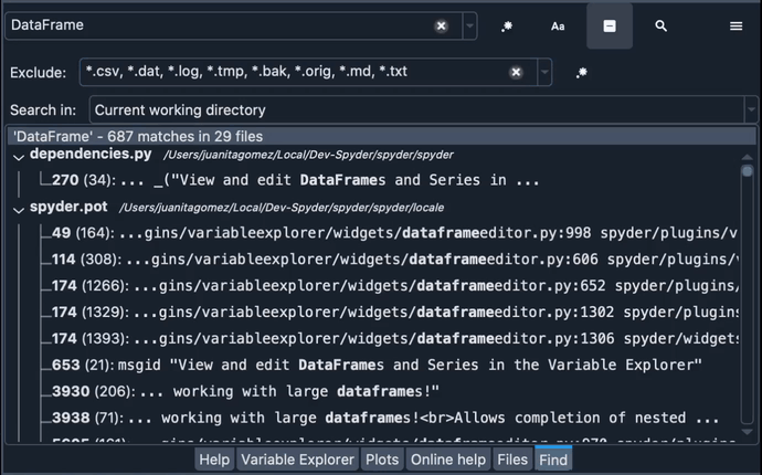Spyder Find pane showing search excluding several file-types