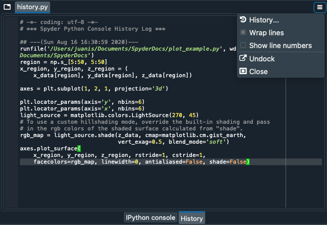 Spyder History Log, displaying a list of previously executed commands