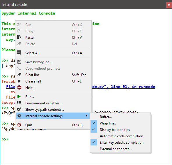 Spyder Internal Console, showing context menu with settings options