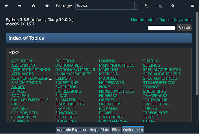 Spyder Online Help pane on the topics page