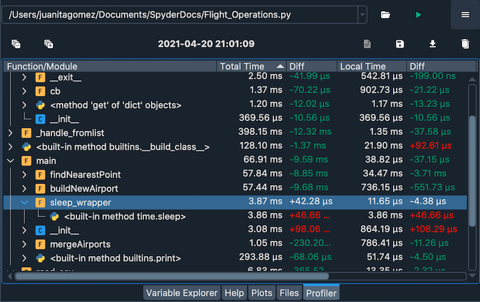 Profiler with a comparison loaded, displaying the time deltas between two runs