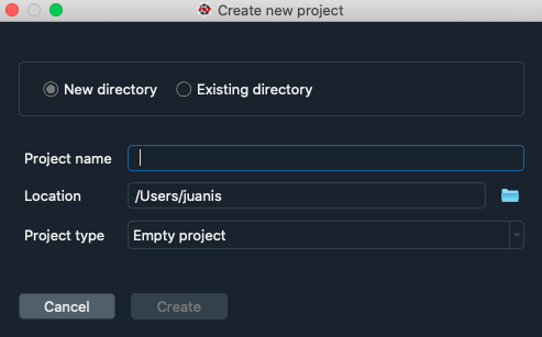 New project dialog, with options to set the name, type and location