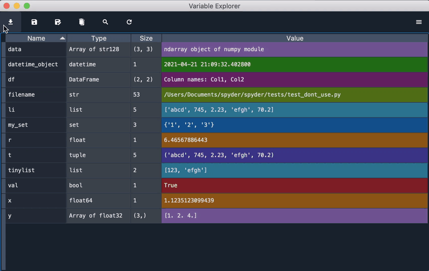 Variable Explorer showing how to save and import data