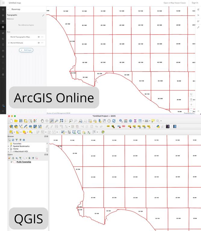 在 ArcGIS Online 和 QGIS 中看到的数据层的屏幕截图与简单的红色轮廓和黑色标签的并排比较