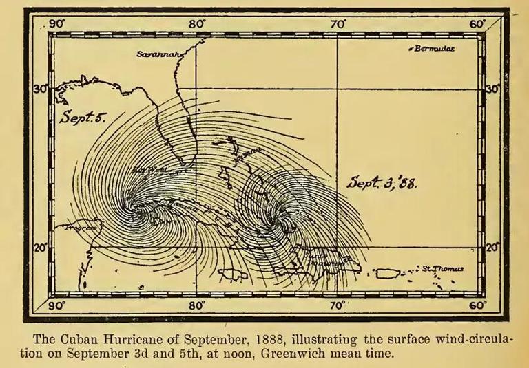 1890年的一张地图显示了一场飓风在古巴和佛罗里达州南端肆虐