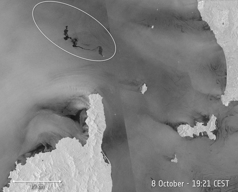 地中海漏油的黑白卫星图像