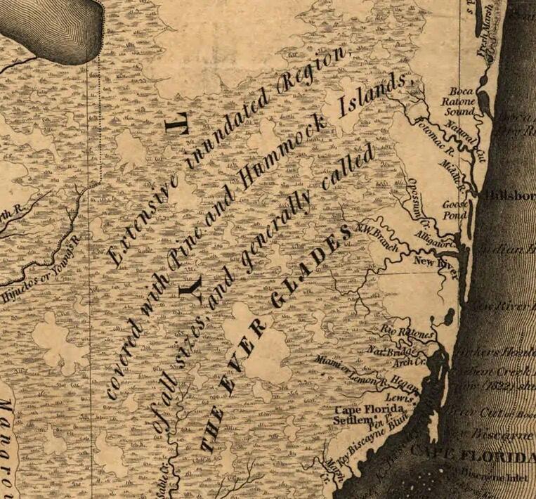 18 世纪地图的剪裁区域，用于显示 “ever glades” 一词.