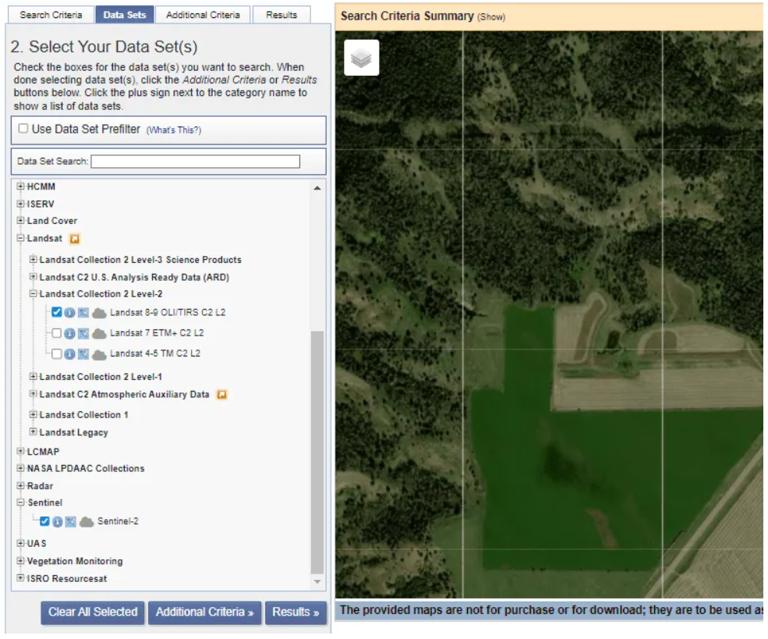 选择 Landsat 9 和 Sentinel-2 传感器以识别可用图像