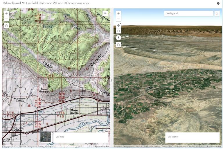 科罗拉多州加菲尔德山，2D 地图和 3D 场景