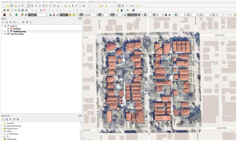 图 9：使用 Mapflow 插件在 QGIS 中自动数字化建筑物占地面积