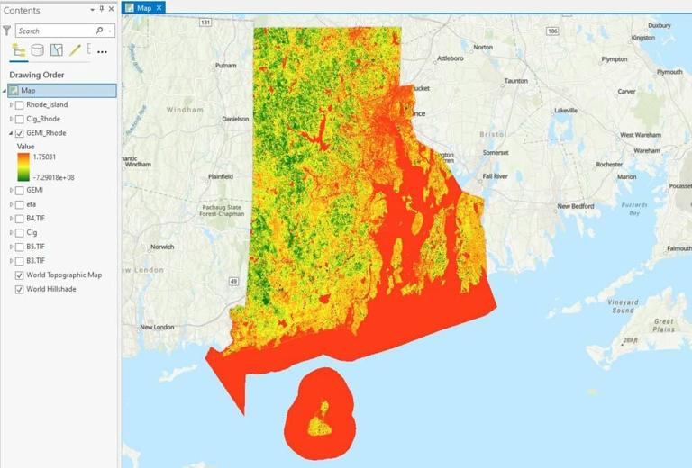 罗得岛地图，红色区域的GEMI指数较高
