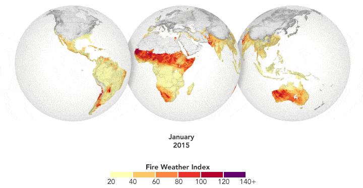 美国宇航局戈达德空间研究所的全球火灾天气 (GFWED) 数据计算出的全球火灾危险地图（2015 年 1 月 1 日 - 2017 年 12 月 31 日）