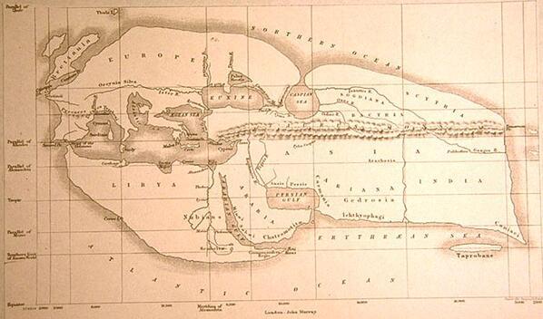 1883年，E.H.Bunbury 重建了伊拉斯通的世界地图