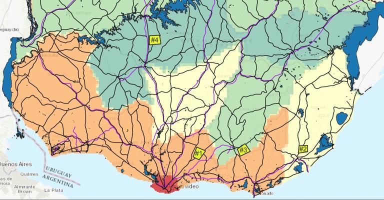 乌拉圭地图，有橙色、黄色和蓝绿色部分