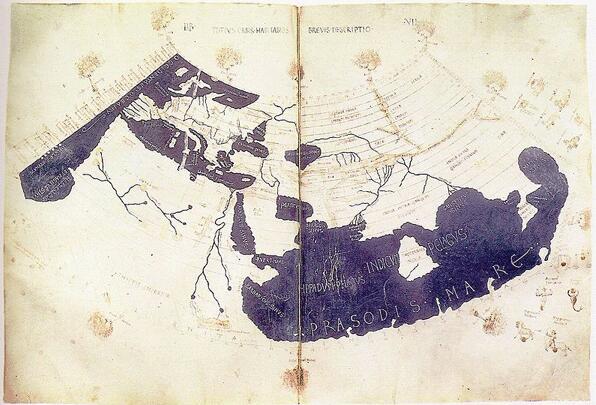 Ptolemy 的150 CE世界地图（15世纪重画），来自大英图书馆Harley MS 7182，ff 58v-59