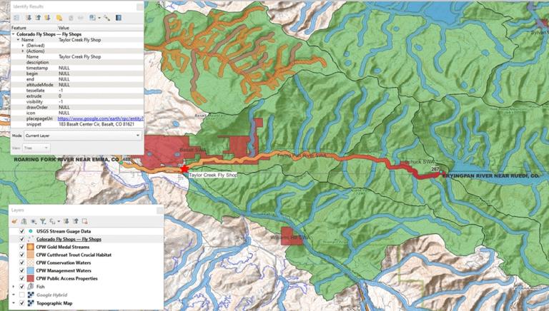 QGIS 地图放大了科罗拉多州著名的 Frying Pan River