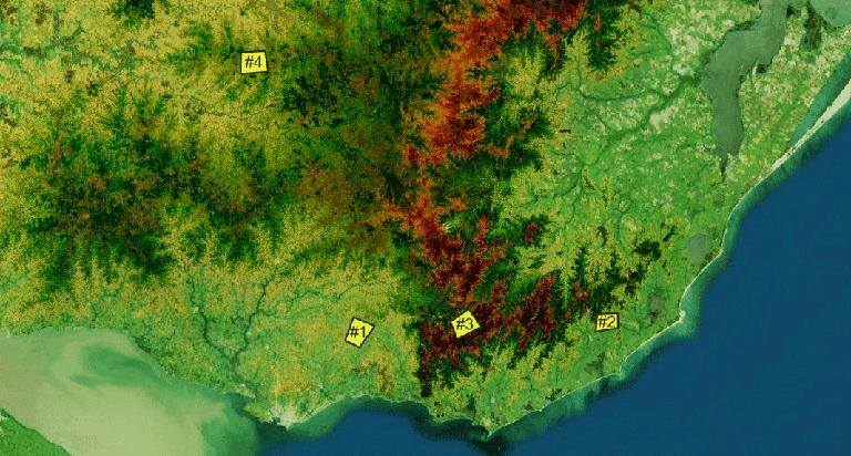 乌拉圭阴影地形图，绿色表示高程，深红色表示山谷