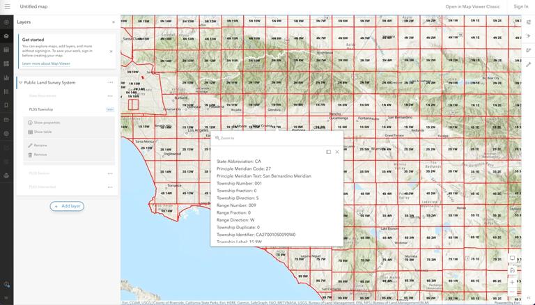 公共土地调查系统的屏幕截图，显示了南加州阴影浮雕上的红线