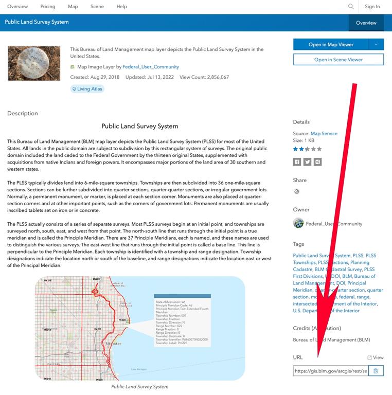 显示地图服务器 URL 在 ArcGIS Online 地图信息页面上列出的位置