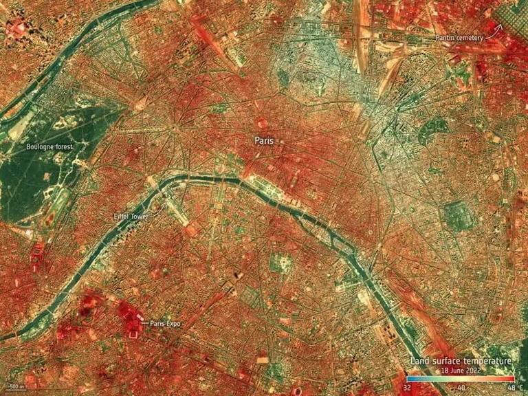 巴黎某一地区地表温度的遥感图像显示，最热的温度为红色，最冷的温度为绿色