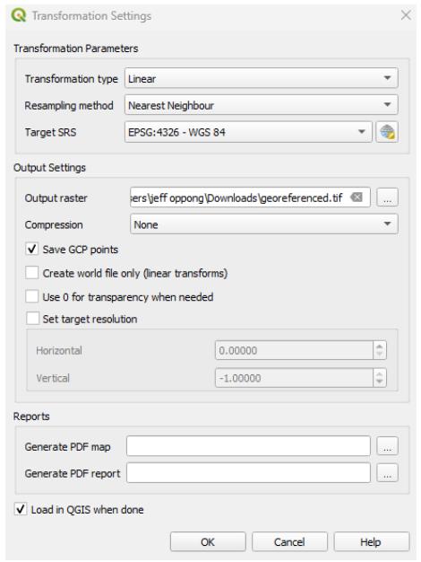 QGIS 中地理参考器窗口的转换设置